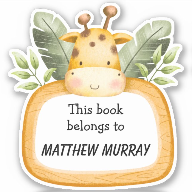 Kids Giraffe Personalisiertes Buchzeichen Aufkleber (Vorderseite)