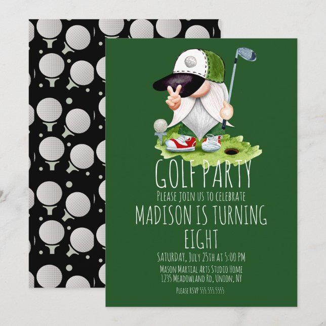 Kids Golf Balls Gnome Birthday Party Einladung (Vorne/Hinten)