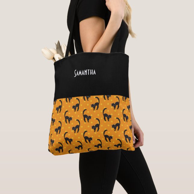 Kids Halloween Black Cats Orange Dots Name Tasche (Von Nahem)