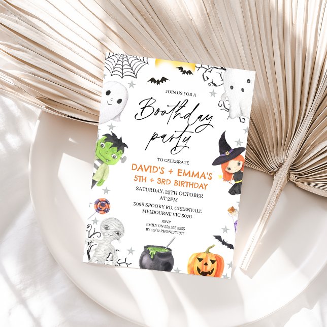 Kids Halloween Party Join Birthday Einladung (Kids Joint Halloween Birthday Party Invitation, Halloween Boothday Party Invitation, Frankenstein)