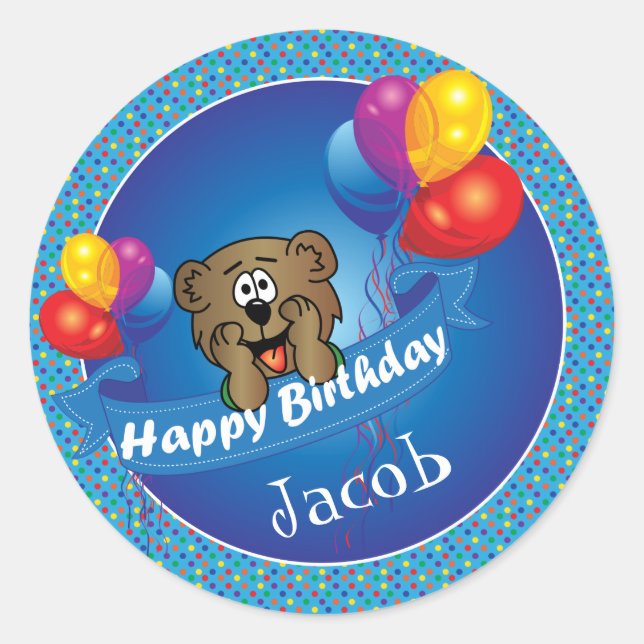 Kid's Happy Birthday Polka Dot Bear Runder Aufkleber (Vorderseite)