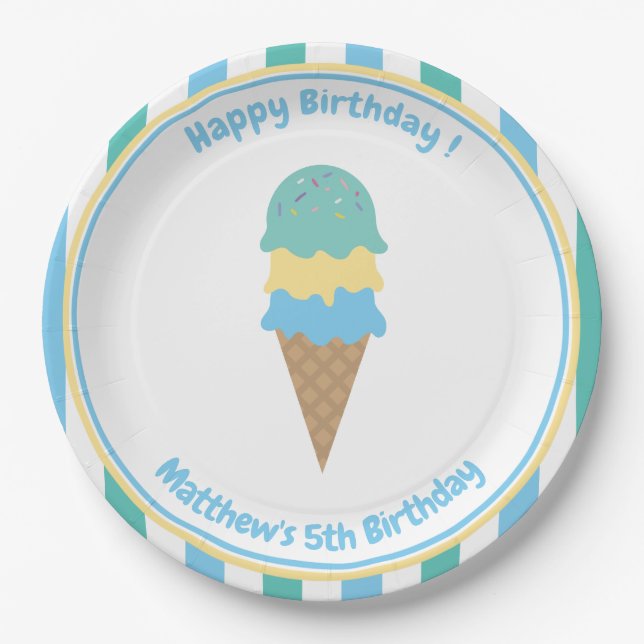 Kid's Ice Cream Party Blaue grüne Streifen Pappteller (Vorderseite)