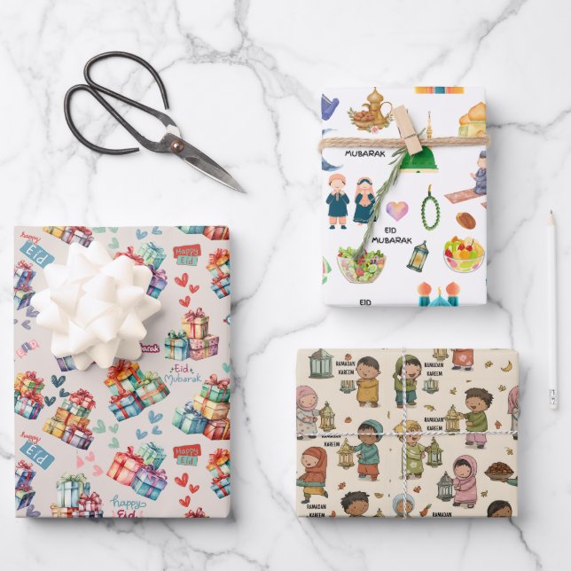 Kids Islamic Gift Wrap – Colourful Eid & Ramadan Geschenkpapier Set (Vorderseite)
