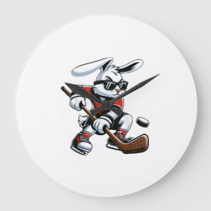 Kids Jungen Fröhlicher Osterhase spielt Hockey Ost Große Wanduhr