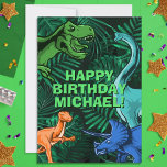 Kids Jurassic Dino Dinosaurier Personalisiert Gebu Karte<br><div class="desc">Dieses Dinosur-Design ist großartig für den Geburtstagsjungen in deinem Leben. Geben Sie ihnen einen Dino-Milben-Tag mit diesem Dino-Thema Design mit einem Trex,  Triceratops,  Brontosaurus,  und Raptor.</div>