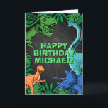 Kids Jurassic Dino Dinosaurier Personalisiert Gebu Karte<br><div class="desc">Dieses Dinosur-Design ist großartig für den Geburtstagsjungen in deinem Leben. Geben Sie ihnen einen Dino-Milben-Tag mit diesem Dino-Thema Design mit einem Trex,  Triceratops,  Brontosaurus,  und Entführer.</div>