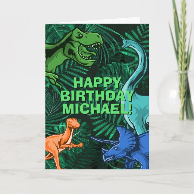 Kids Jurassic Dino Personalisiert Dinosaur Geburts Karte (Vorderseite)