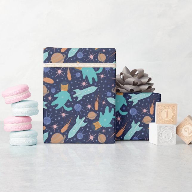 Kids katzen Astronaut in Raumschiff-Planeten Geschenkpapier (Babyparty)