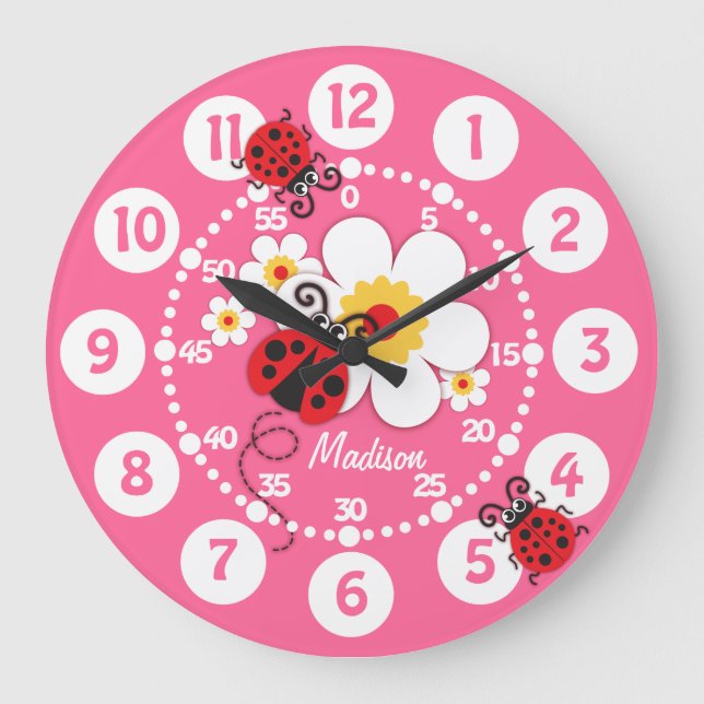 Kids Ladybug & Blume niedliche Maueruhr Große Wanduhr (Vorderseite)