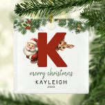 Kids Letter K Monogram Christmas Tree Ornament Aus Metall<br><div class="desc">Geben Sie Ihrem Weihnachtsbaum eine persönliche Touch in dieser Weihnachtszeit mit einem Monogramm Ornament! Mit Santa und einem Rentier, der hinter dem Buchstaben K guckt, kann dieses Ornament mit einem Sonderfoto, Namen und Jahr personalisiert werden, und einem beiliegenden Template Gruß. Machen Sie diesen festlichen Sake zu einem Teil Ihrer traditionellen...</div>