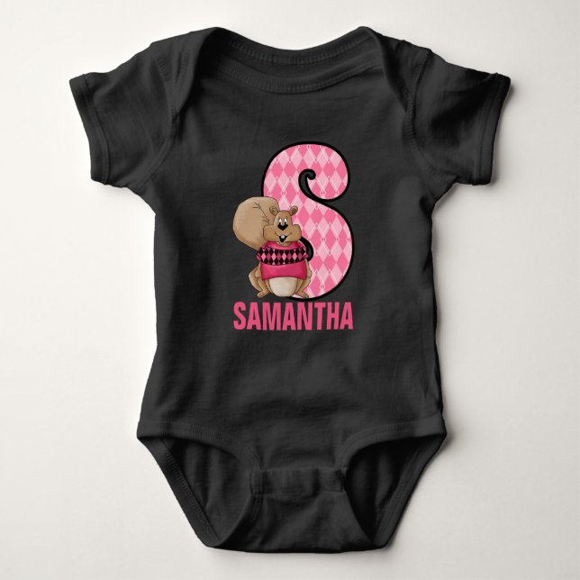 Kids Letter S Monogram Pink Raute Eichhörnchen Baby Strampler (Vorderseite)