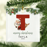 Kids Letter T Monogram Christmas Tree Ornament Aus Metall<br><div class="desc">Geben Sie Ihrem Weihnachtsbaum eine persönliche Touch in dieser Weihnachtszeit mit einem Monogramm Ornament! Dieses Ornament mit Santa und einem Rentier, der hinter dem Buchstaben T herguckt, kann mit einem Sonderfoto, Namen und Jahr personalisiert werden und mit einem beiliegenden Template-Gruß. Machen Sie diesen festlichen Sake zu einem Teil Ihrer traditionellen...</div>