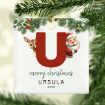 Kids Letter U Monogram Christmas Tree Ornament Aus Metall<br><div class="desc">Geben Sie Ihrem Weihnachtsbaum eine persönliche Touch in dieser Weihnachtszeit mit einem Monogramm Ornament! Mit Santa und einem Rentier, der hinter dem Buchstaben N herbeiguckt, kann dieser Ornament mit einem Sonderfoto, Namen und Jahr personalisiert werden, und einem beiliegenden Template Gruß. Machen Sie diesen festlichen Sake zu einem Teil Ihrer traditionellen...</div>