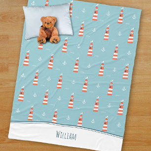 Kids Lighthouse and Anchor Pattern on Blue Fleecedecke