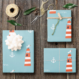 Kids Lighthouse and Anchor Pattern on Blue Geschenkpapier Set