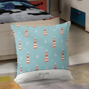 Kids Lighthouse and Anchor Pattern on Blue Kissen