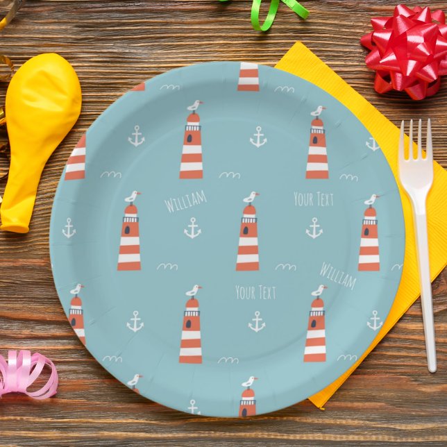 Kids Lighthouse and Anchor Pattern on Blue Pappteller (Von Creator hochgeladen)