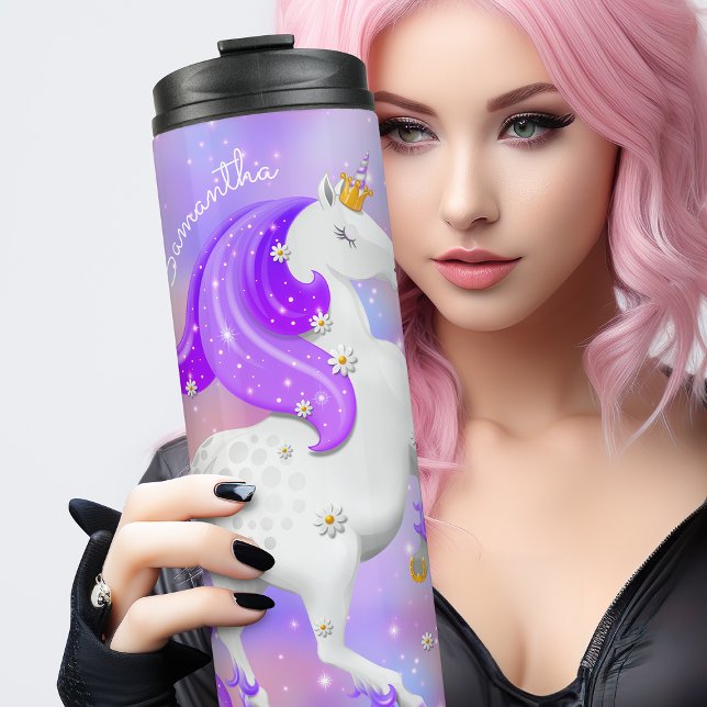 Kids Lila Candy Floss Einhorn mit Blume Therme Thermosbecher (Ideal for a very special person | unicorn lover)