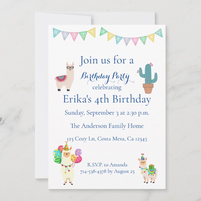 Kids Llama Cactus Birthday Party Einladung (Vorderseite)
