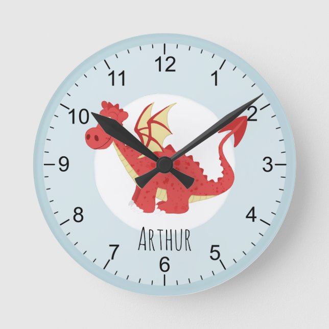 Kids Magical Red Welsh Dragon Cartoon Boys Nursery Runde Wanduhr (Vorderseite)