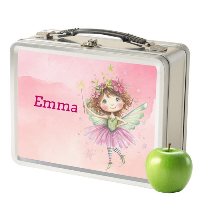 Kids Metal Lunch Box - Personalisierte rosa Fee (KIDS LUNCHBOXES - Pink Watercolour Pastel, Cute Fairy Personalised Lunch Box/Snack Box)