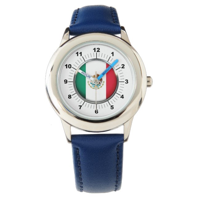 Kid's Mexico Flag Blue Leather Strap Watch Armbanduhr (Vorderseite)