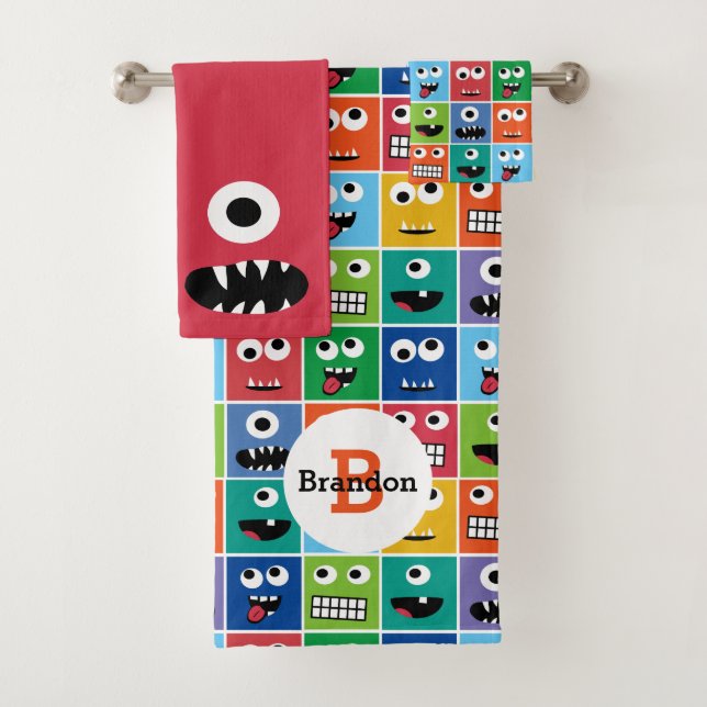 Kids Monster-Gesichtspattern farbenfrohe Monogramm Badhandtuch Set (Insitu)