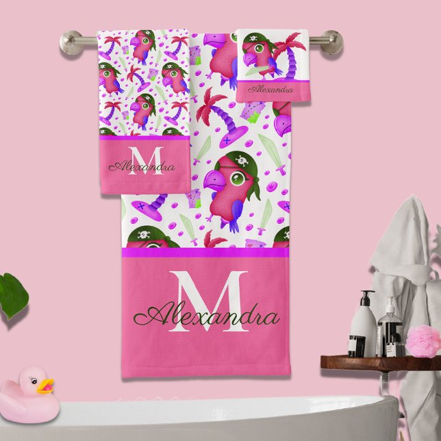 Kid's Nautical Pink Lila Pirate Parrot Badhandtuch Set (Von Creator hochgeladen)