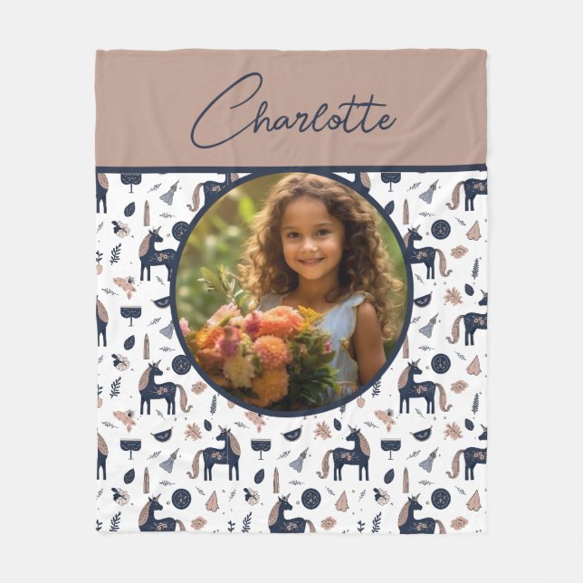 Kids Navy Beige Unicorn Custom Foto mit Name Fleecedecke (Vorderseite)