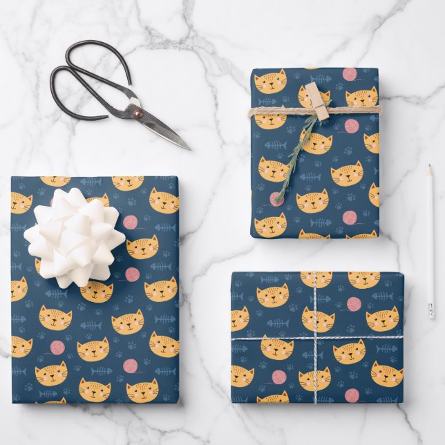 Kids Niedlich Kitty Cat Faces Paw Prints Ball of Y Geschenkpapier Set (Vorderseite)