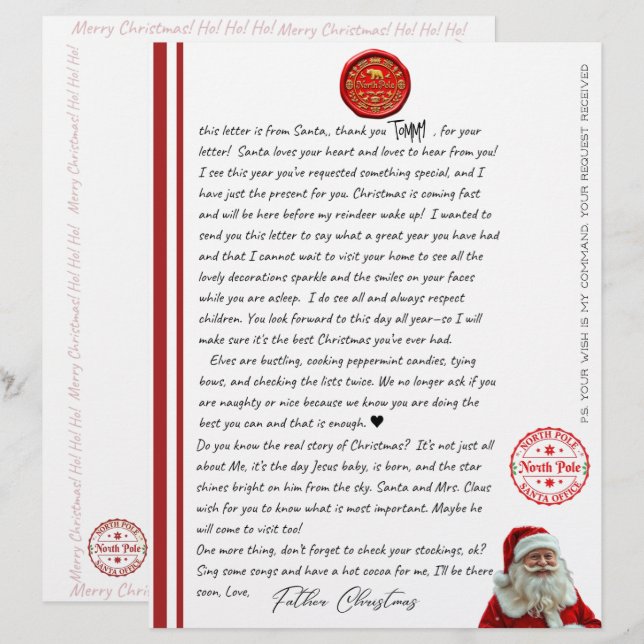 Kid's North Pole Comfirmation Letter From Santa (Vorne/Hinten)
