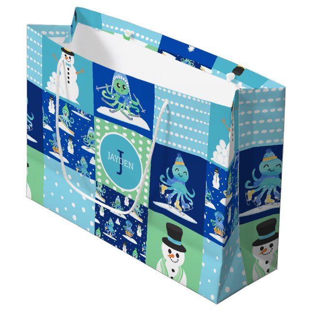 Kids Octopus Winter Sports Patchwork Personalisier Große Geschenktüte (Vorderseite Schrägansicht)