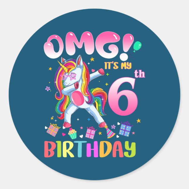 Kids OMG It's My 6th Birthday Girls Dabbing Runder Aufkleber (Vorderseite)