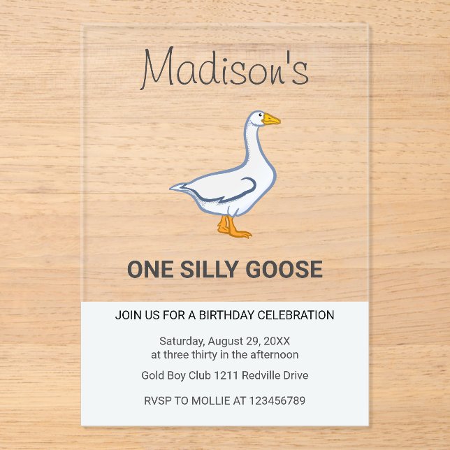 Kids One Silly Goose First Birthday Acryleinladungen (Vorderseite)