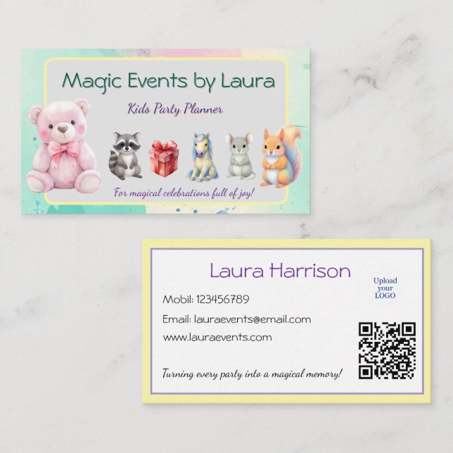 Kids Party Planner Pastor Teddy Bear QR-Logo Visitenkarte (Vorne/Hinten)