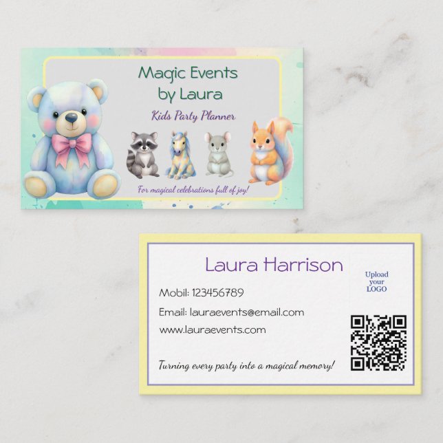 Kids Party Planner Pastor Teddy Bear QR-Logo Visitenkarte (Vorne/Hinten)