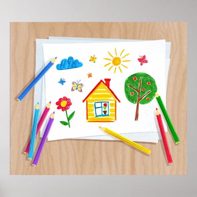 Kids Pencil Zeichnend Poster (Vorne)