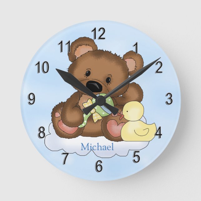 Kid's Personalized Clock Teddy Bear Cloud Runde Wanduhr (Vorderseite)