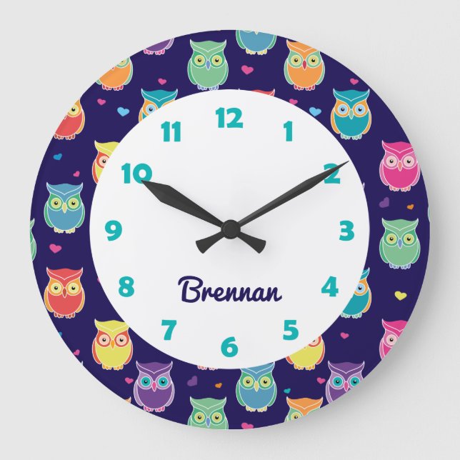 Kids Personalized Cute Owl Pattern Blue Animal Große Wanduhr (Vorderseite)