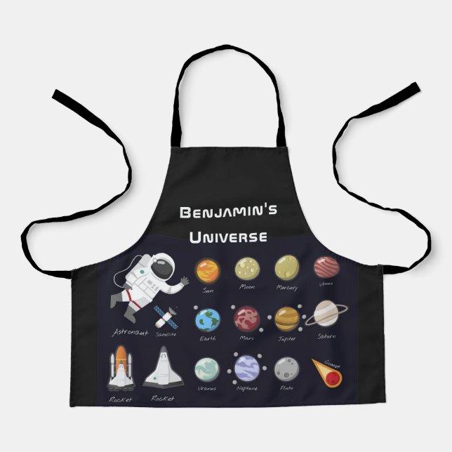 Kids Planets Astronaut Monogram buntes Universum Schürze (Vorderseite)