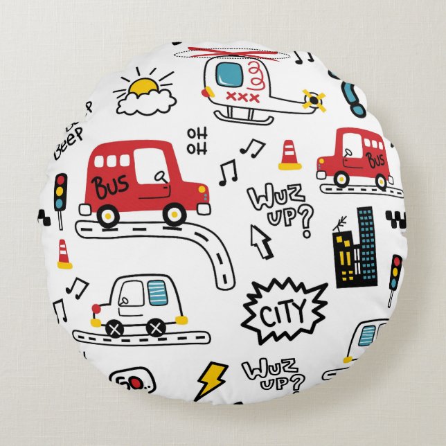 Kids Playful Transport Pattern  Rundes Kissen (Vorderseite)