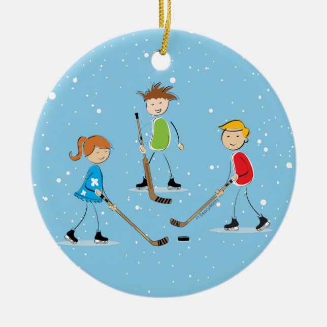 Kids Pond Hockey Weihnachten Keramik Ornament (Vorne)