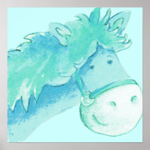 Kids pony art aqua & green quadratisch poster prin