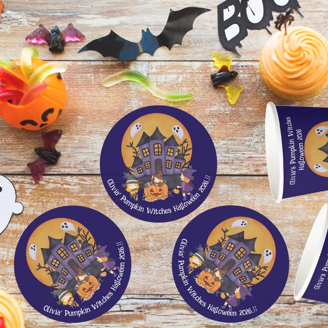 Kids Pumpkin Hexen Halloween-Party Runder Pappuntersetzer (Pumpkin Witches Halloween Party Round Paper Coaster)