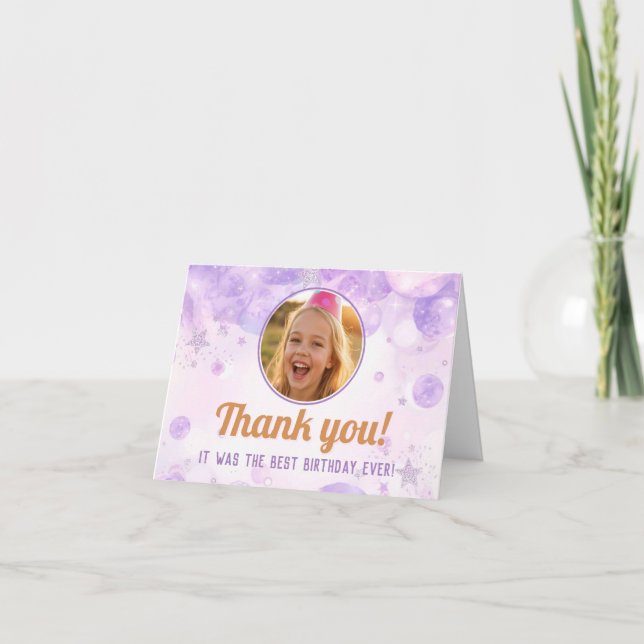 Kids Purple Bubbles Glitter Stars Photo Birthday  Dankeskarte (Vorderseite)