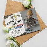 Kids Race Car Any Age Birthday Photo Einladung<br><div class="desc">Boys racing car birthday invitations featuring a simple white background,  a photo of the child,  4 watercolor race cars,  roads,  checkered flags,  a trophy,  and a kids birthday celebration template that is easy to customize.</div>
