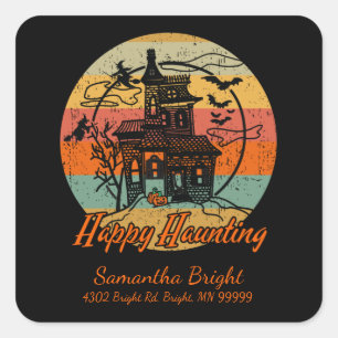 Kids Retro Halloween glückliches Spuk Haus Quadratischer Aufkleber