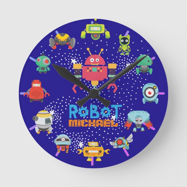 Kids ROBOT Schlafzimmerdekor Pink Blue Named Nuts  Runde Wanduhr (Vorderseite)