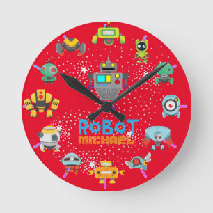 Kids ROBOT Schlafzimmerdekor RED Blue Named Nuts B Runde Wanduhr