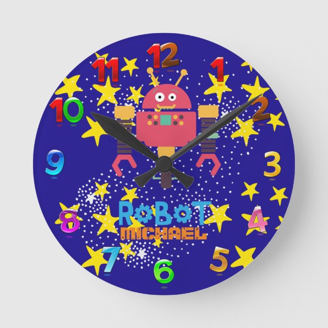Kids ROBOT Schlafzimmerdekor Rosa Blauer Name Nüss Runde Wanduhr (Vorderseite)